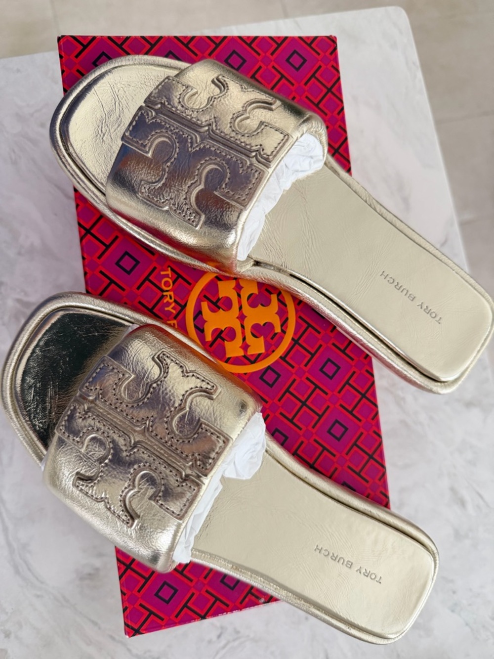 Tory Burch Metallic Gold Slide Sandals with Logo Strap